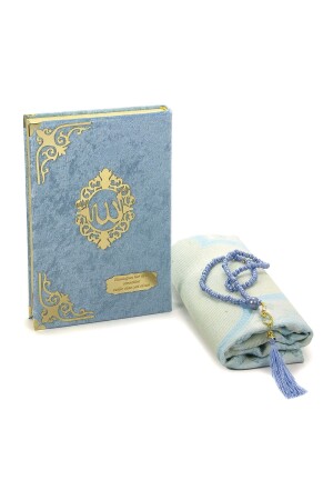 Geschenk-Set aus Koran-Gebetsteppich und Rosenkranz aus Samt in Blau - 4