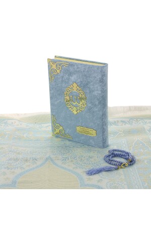 Geschenk-Set aus Koran-Gebetsteppich und Rosenkranz aus Samt in Blau - 8