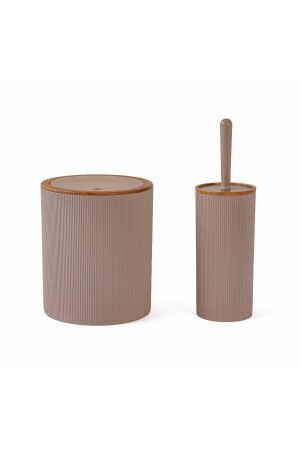 Gestreiftes, rundes, gemustertes Badezimmerzubehör-Set aus Holz, 2-teilig – Beige 03OKN139 - 6