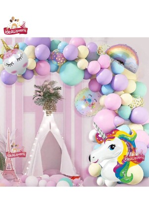 Gökkuşağı Konsepti Unicorn Temalı Makaron Balon Doğum Günü Parti Kutlama Seti ideaksasn10 - 3