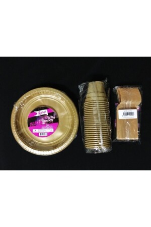 Gold Altın Tabak Bardak Çatal Set Plastik 25 Kişilik Tg-869560-1 14SUS-807 - 4