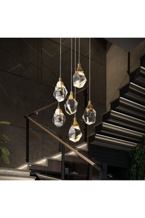 Gold Sarı Gün Işığı A- Luxury Modern Kristalize Cam Sarkıt Altılı Power Led Avize burenze303 - 3