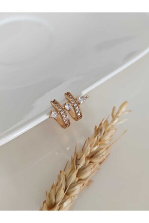 Gold Şeffaf Zirkon Taşlı Halka Earcuff ( Kıkırdak Küpe ) - 3