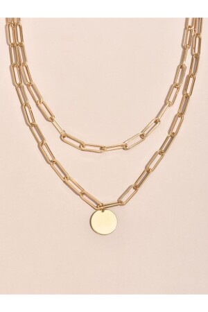 Goldfarbene rechteckige Kette mit rundem Pailletten-Charm, mehrlagige Halskette – 2105 - 4