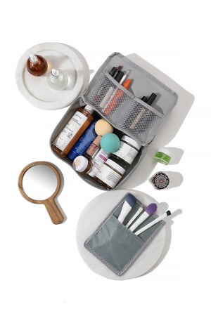 Grau – Make-up-Tasche mit 4 Fächern für Pflege, Reisen, Make-up und Kosmetik - 3