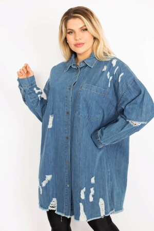 Große, blaue, zerrissene, detaillierte, locker geschnittene, übergroße Jeans-Tunikajacke für Damen 65n28046 - 1