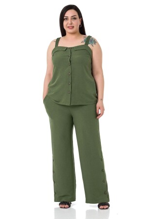 Große Bluse mit Knöpfen und detaillierter Hose, Aerobin-Khaki-Anzug - 1