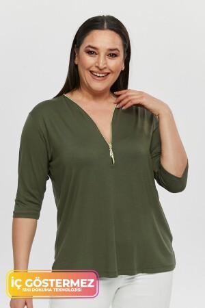 Große, neue Saison-Bluse mit Capri-Ärmeln, Reißverschluss, bequemes Modell mit V-Ausschnitt, modische 4-Jahreszeiten-Mutterbluse für jeden Tag - 1