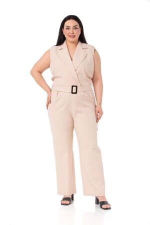 Großer, zweireihiger beigefarbener Jumpsuit mit elastischem Bund und Reißverschluss und Gürtel - 1