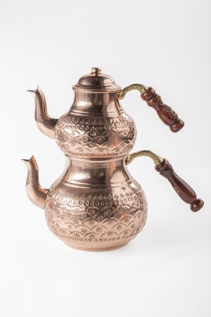 Großes Gaziantep-Kupfer-Teekannen-Set und Balkon-Genuss-Set mit blumengesticktem Klammerdetail DMT-19145 - 5