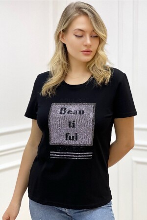 Großes Rundhals-Crystal Stone-schwarzes, stilvolles, bequemes, kurzärmliges Damen-T-Shirt aus Baumwolle - 1