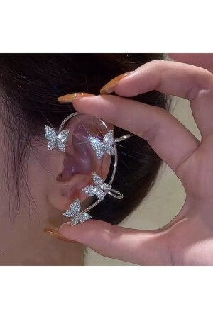 Gümüş Renk Tekli Taşlı Kelebek Sol Earcuff Kıkırdak Küpe - 2