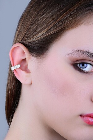 Gümüş Rodyumlu Baget Kesim Zirkon Taşlı Sıkıştırmalı Kıkırdak Küpe Ear Cuff - 2