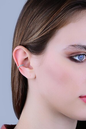 Gümüş Rodyumlu Turkuaz Taşlı Sıkıştırmalı Kıkırdak Küpe Ear Cuff - 4