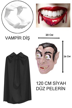 Halloween Vampir Maske Diş- Siyah Yetişkin Pelerin Cadılar Bayramı Vampir Kostüm Parti Seti - 3