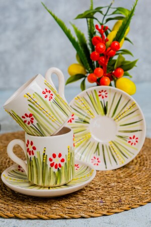 Handgefertigte 2-teilige Kaffeetasse aus Keramik, rotes Gänseblümchen. 2-teiliges rotes Gänseblümchen - 3