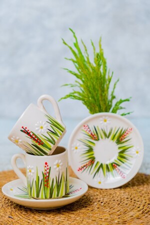 Handgefertigte 2-teilige Kaffeetasse aus Keramik, weißes Gänseblümchen. 2-teiliges weißes Gänseblümchen - 1