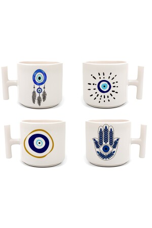 Handgefertigter 4-teiliger Becher mit „Evil Eye“-Motiv, bedruckt, Latte und Espresso mit T-Griff, S28 - 3