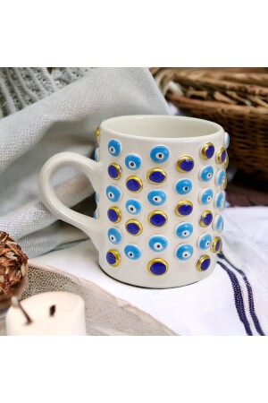 Handgefertigter, großer Becher aus Glas mit Henkel und Evil-Eye-Perlenmuster und Henkel aus Evil-Eye-Mischung - 3