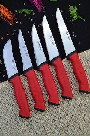 Handgefertigtes, rotes, detailliertes 5-teiliges Küchenmesser-Set, Metzger-Set, Rüstung, Fleisch, Brot, Obst, Gemüse, Messer-Set, 5er-Set - 1