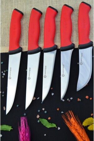 Handgefertigtes, rotes, detailliertes 5-teiliges Küchenmesser-Set, Metzger-Set, Rüstung, Fleisch, Brot, Obst, Gemüse, Messer-Set, 5er-Set - 5