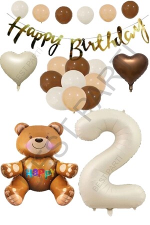 Happy Birthday-Banner, sitzender Bär – beige Zahl – Herzfolie und Latexballon-Set, Alter 2 - 2