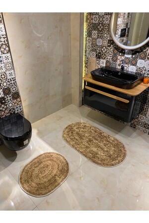 Hasır Desenli Oval 2'li Kaymaz Taban Banyo Paspas Takımı (60x100 - 60x50) Kahverengi - 2