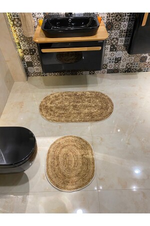 Hasır Desenli Oval 2'li Kaymaz Taban Banyo Paspas Takımı (60x100 - 60x50) Kahverengi - 4