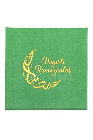 Hayırlı Ramazanlar Yeşil Gold Yaldızlı Peçete 16 Adet 16x16 Cm Altın Varaklı Ramazan Bayram Dini Süs - 3