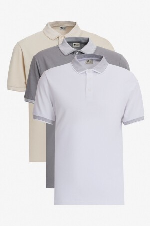 Hellbeige, weiß-grau meliert-weißes 3-teiliges, schrumpffestes Herren-T-Shirt mit Polokragen in schmaler Passform aus schrumpffester Baumwolle für Herren - 1