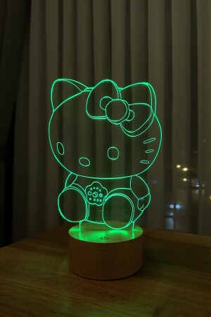 Hello Kitty Figürlü Dekoratif Hediye Led Masa Lambası 7 Işık Rengi Ahşap Taban - 7