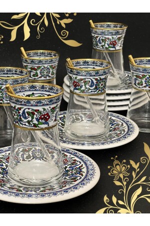 Heybeli Altın Bitkisel Desenli Çini Motifli 6 Kişilik Çay Seti Tea Set For 6 Persons 000580 - 1