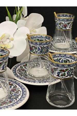 Heybeli Altın Bitkisel Desenli Çini Motifli 6 Kişilik Çay Seti Tea Set For 6 Persons 000580 - 8