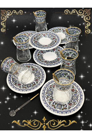 Heybeli Altın Bitkisel Desenli Çini Motifli 6 Kişilik Çay Seti Tea Set For 6 Persons 000580 - 9