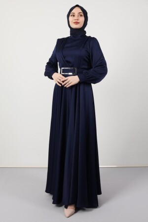 Hijab-Abendkleid mit Falten vorne in Marineblau - 1