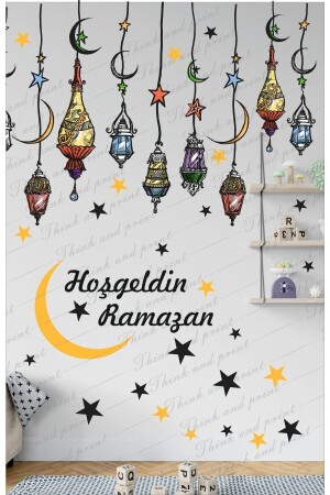 Hoşgeldin Ramazan Renkli Fener Sarkıt Cam Duvar Dekorasyon Sticker Seti R1 - 1