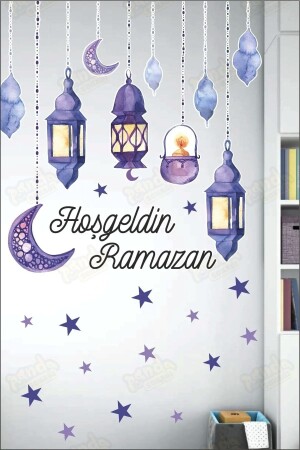 Hoşgeldin Ramazan Soft Mor Temalı Fener Sarkıt Cam Duvar Dekorasyon Sticker Seti - Ramazan Süsü - 1