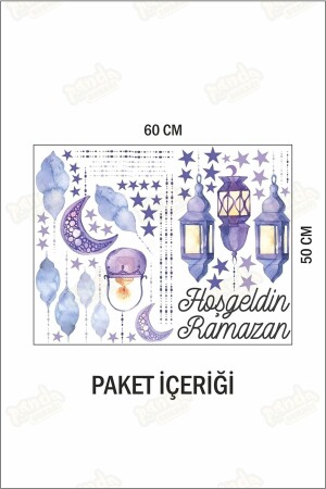 Hoşgeldin Ramazan Soft Mor Temalı Fener Sarkıt Cam Duvar Dekorasyon Sticker Seti - Ramazan Süsü - 4