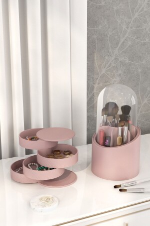 Ikili Organizer Seti Takı Düzenleme Kutusu Ve Makyaj Fırçası Kozmetik Düzenleme Kutusu Fırçalık Takılık Rose Set - 2