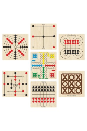 Intelligenz- und Strategiespielset aus Holz, 7 Teile, Ludo+Dame+3 Steine+9 Steine+Bihar+Surakarta und Tic-Tac-Toe eticsset247 - 2