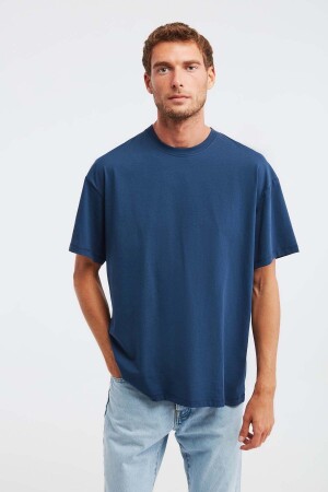 Jett Erkek Oversize Fit %100 Pamuk Kalın Dokulu Lacivert T-shirt - 1