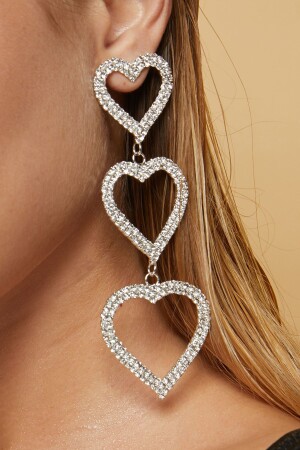 Kadın 3 Halkalı Kalp Modeli Zirkon Taşlı Gümüş Pırlanta Abiye Düğün Gelin Kına Söz Parti Balo Küpe FR204 Ring Heart Triple Stone Earrings - 3