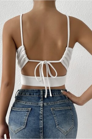 Kadın Beyaz Kaşkorse Arkadan Bağlamalı Kemerli Crop Top Bluz - 1