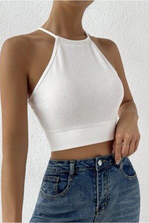 Kadın Beyaz Kaşkorse Arkadan Bağlamalı Kemerli Crop Top Bluz - 2