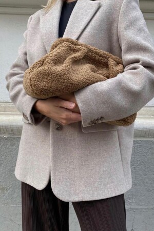 Kadın Camel Peluş Teddy Clutch Portföy Çanta - 1