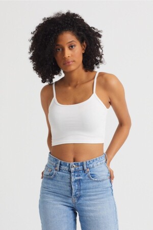 Kadın Ekru Scuba Kumaş İp Askılı Crop Top - 1