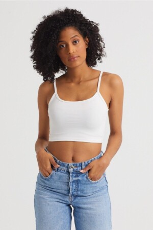 Kadın Ekru Scuba Kumaş İp Askılı Crop Top - 3