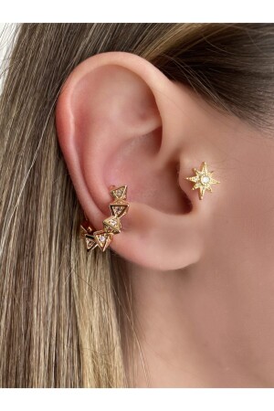 Kadın Gold Renkli Piramit Kıkırdak Küpe Earcuff - 3