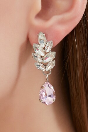 Kadın Pembe Clara Yaprak Elmas Kristal Taşlı Model Gümüş Sallantılı Günlük Abiye Elbise Düğün Küpe FR425 Leaf Figure Stone Crystal Earrings - 7