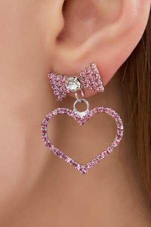 Kadın Pembe Papyon Kalp Model Kristal Zirkon Taşlı Günlük Küpe Modeli Abiye Elbise Sevgililer Günü FR405 Pink Bow Tie Heart Stone Earrings - 3